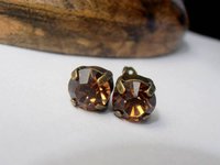 Swarovski Smoked Topaz Crystal Stud Earrings | Antique Bronze Jewelry