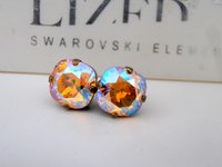 Light Topaz Shimmer Cushion Cut Earrings with  Crystals 4470 / 10mm Antique Bronze Studs / Post Pierced Dainty Jewelry / Birthday