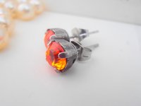 Fire Opal Stud earrings / Antique Jewelry / 6mm Crystal Chatons / Post Earring in Silver with Surgical Steel Pads / Girl Gift / 