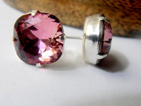 Antique Pink Cushion Cut Earrings 12mm | Swarovski Crystal Drops