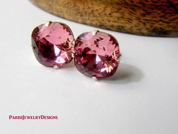 Antique Pink Cushion Cut Earrings 12mm | Swarovski Crystal Drops