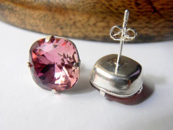 Antique Pink Cushion Cut Earrings 12mm | Swarovski Crystal Drops