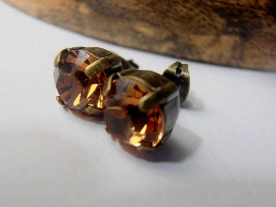 Swarovski Smoked Topaz Crystal Stud Earrings | Antique Bronze Jewelry