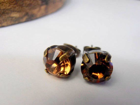 Swarovski Smoked Topaz Crystal Stud Earrings | Antique Bronze Jewelry
