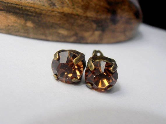 Swarovski Smoked Topaz Crystal Stud Earrings | Antique Bronze Jewelry