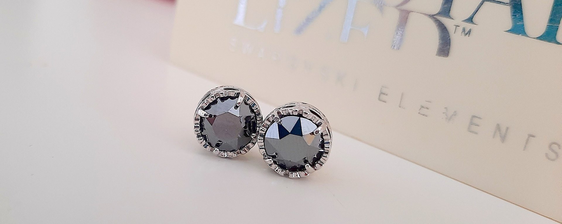 Black Hematite Bezel Stud Earrings | Swarovski Crystal Studs | Birthday Gift
