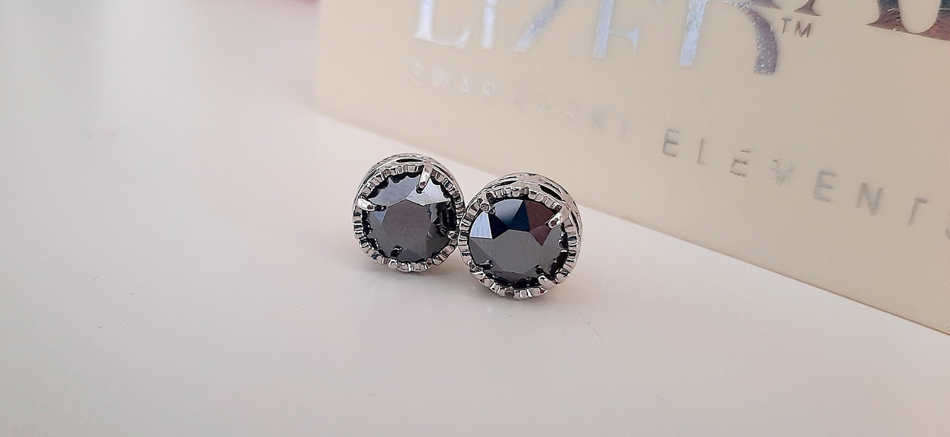 Black Hematite Bezel Stud Earrings | Swarovski Crystal Studs | Birthday Gift