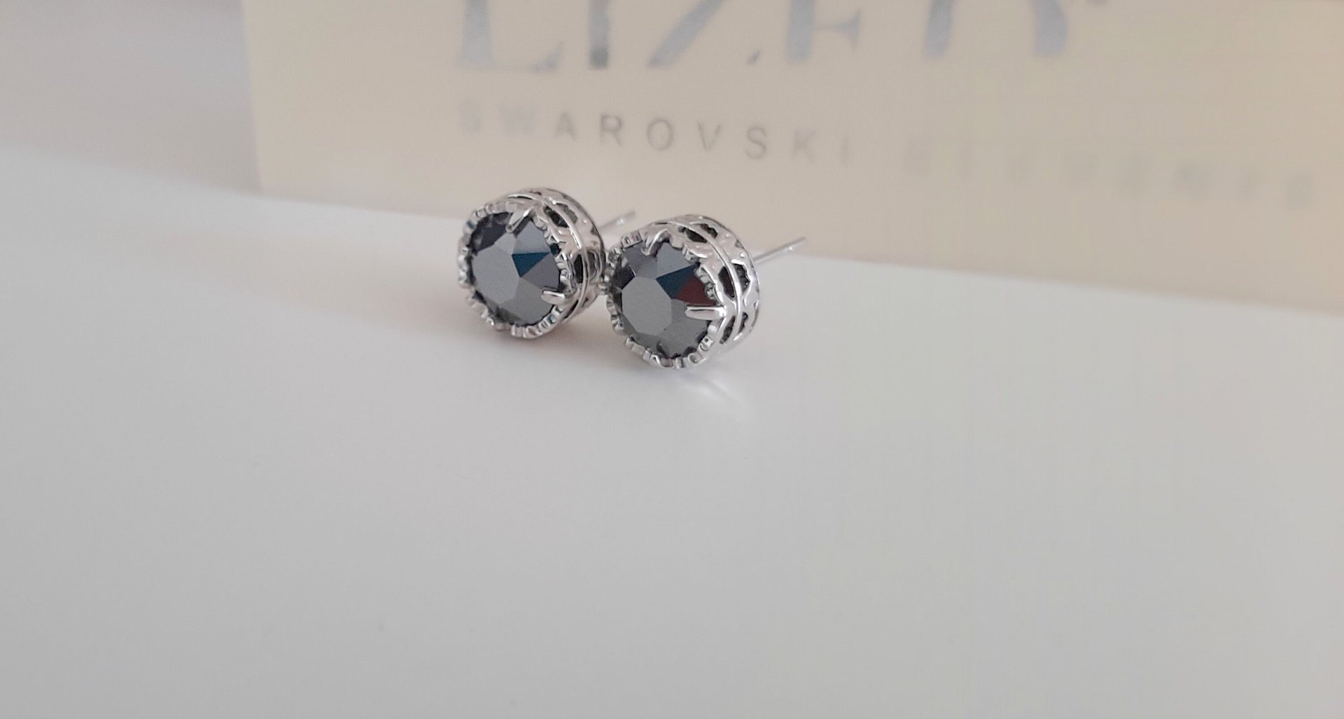 Black Hematite Bezel Stud Earrings | Swarovski Crystal Studs | Birthday Gift