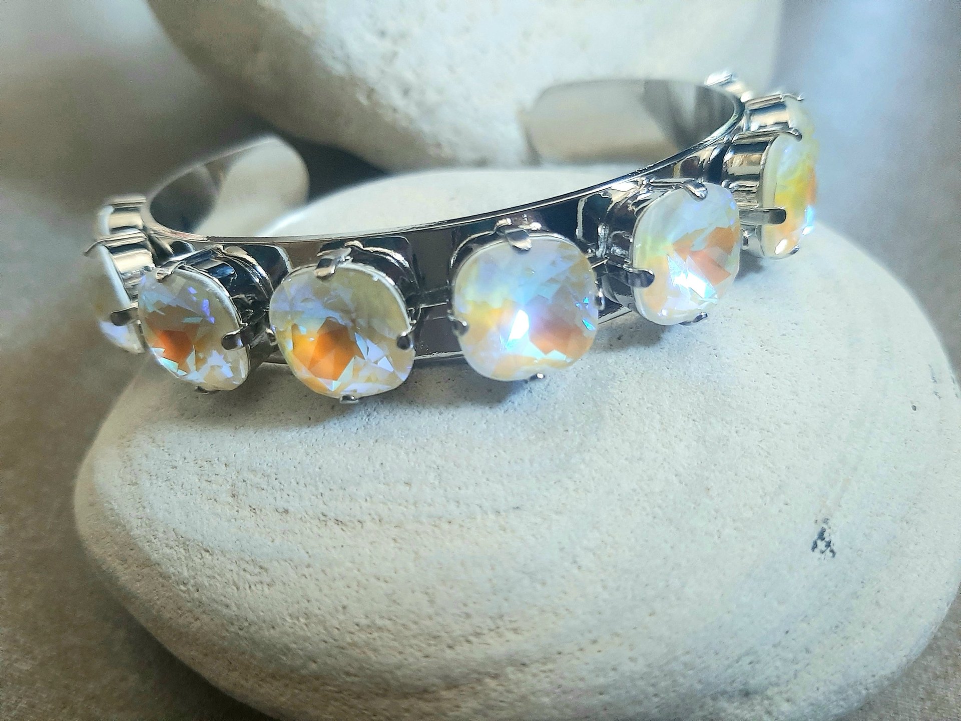 Metal Cuff Bracelet with Cushion Cut Crystals in Platinum | Gift for Girlfriend