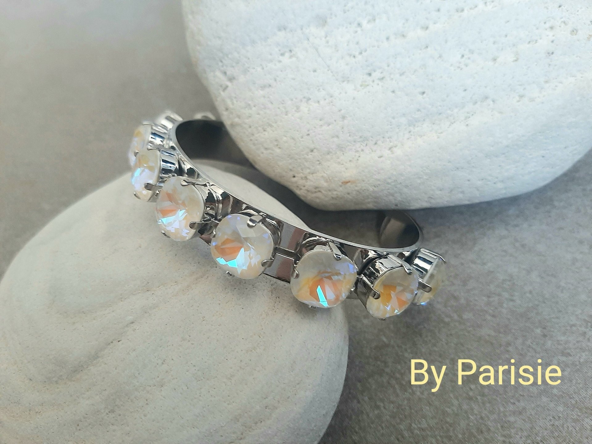 Metal Cuff Bracelet with Cushion Cut Crystals in Platinum | Gift for Girlfriend