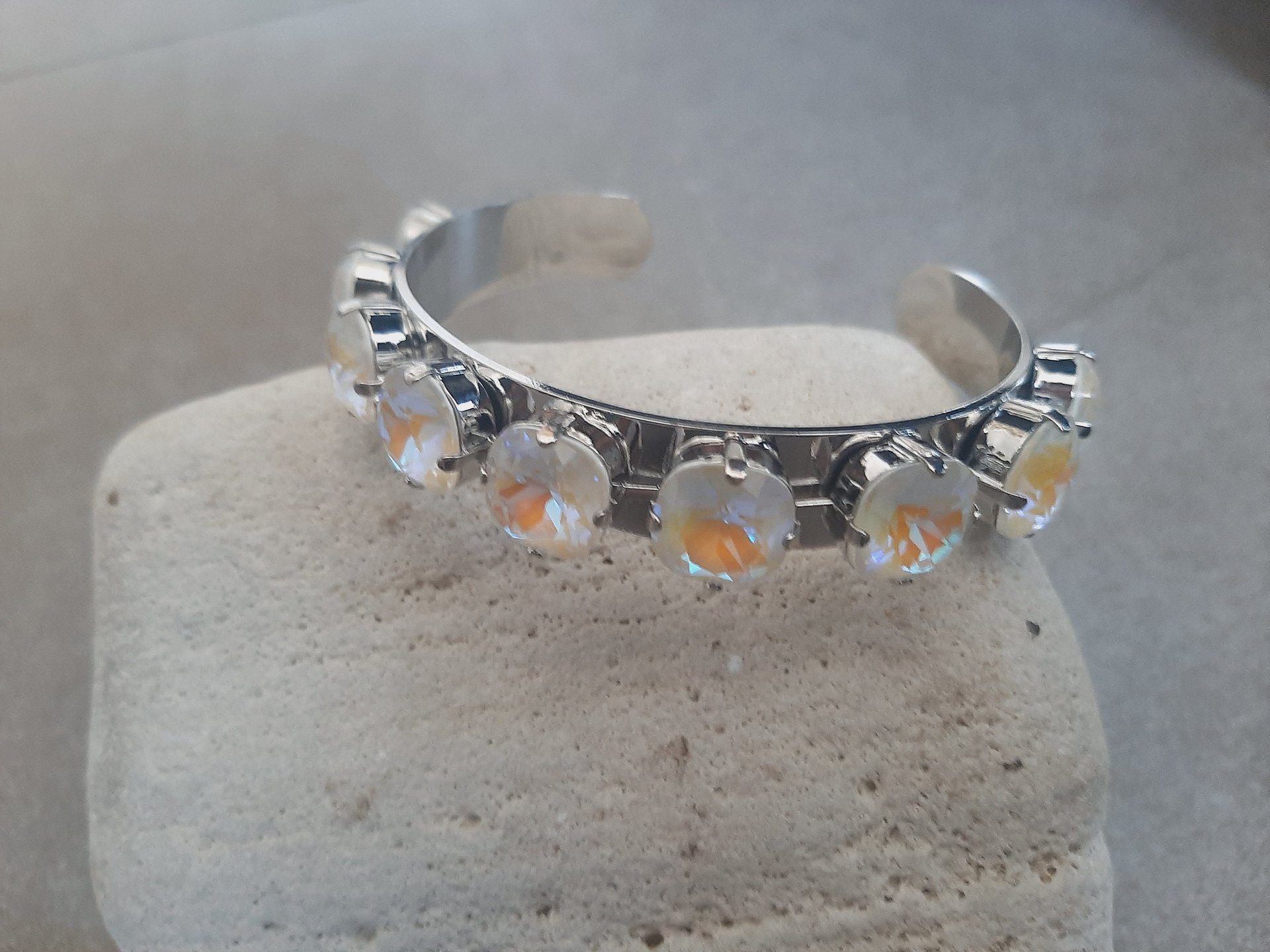 Metal Cuff Bracelet with Cushion Cut Crystals in Platinum | Gift for Girlfriend