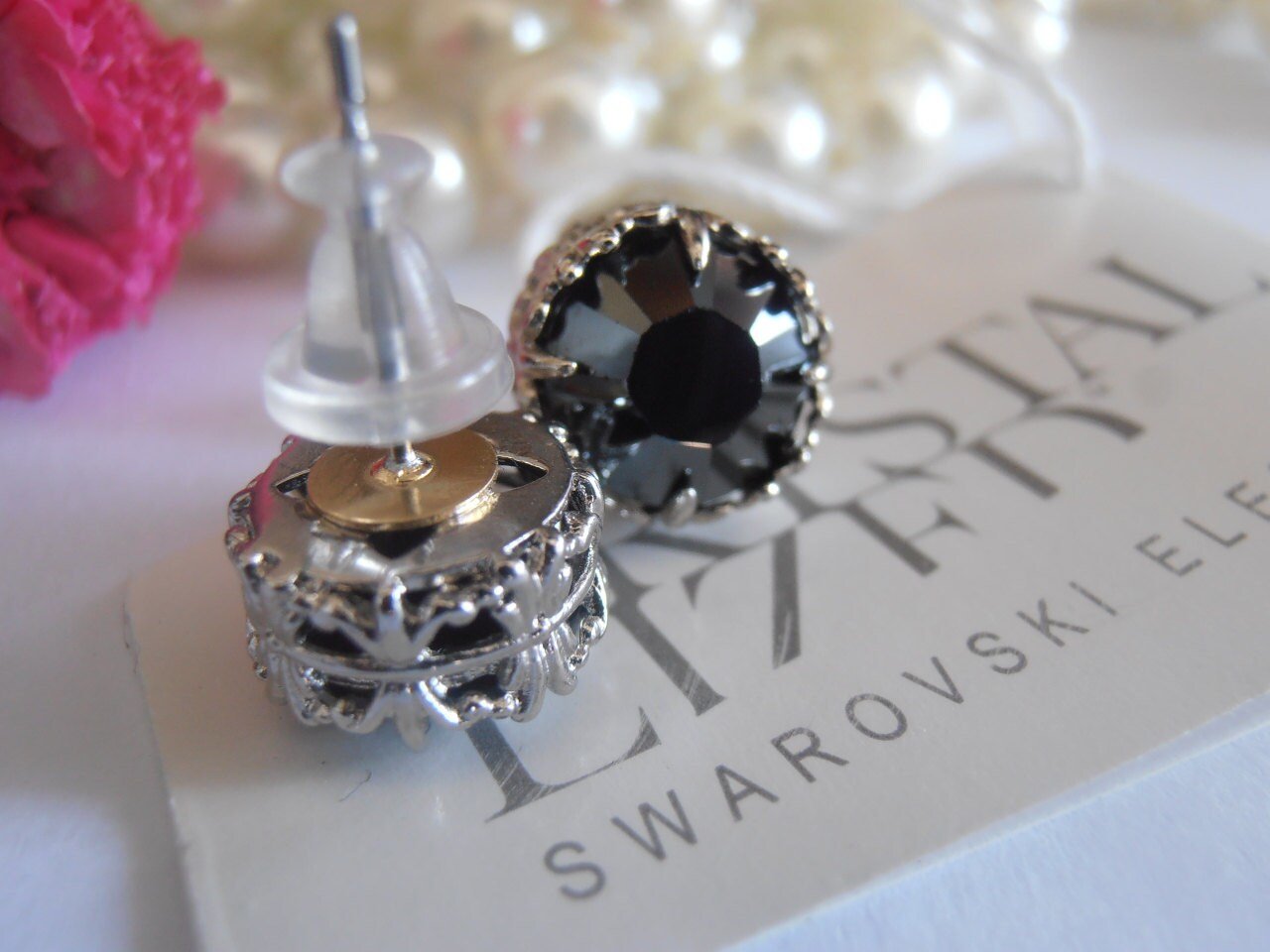 Black Hematite Bezel Stud Earrings | Swarovski Crystal Studs | Birthday Gift