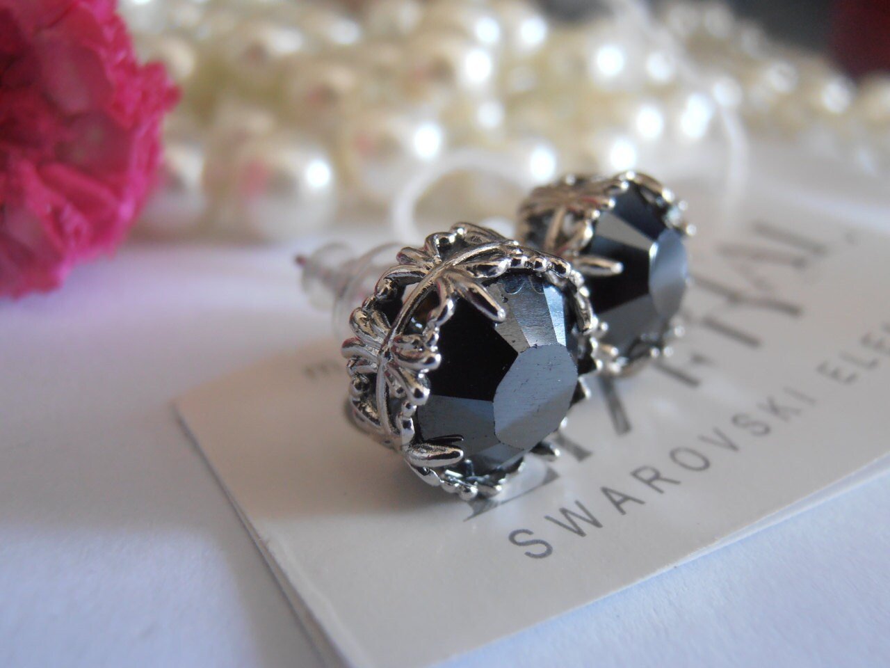 Black Hematite Bezel Stud Earrings | Swarovski Crystal Studs | Birthday Gift