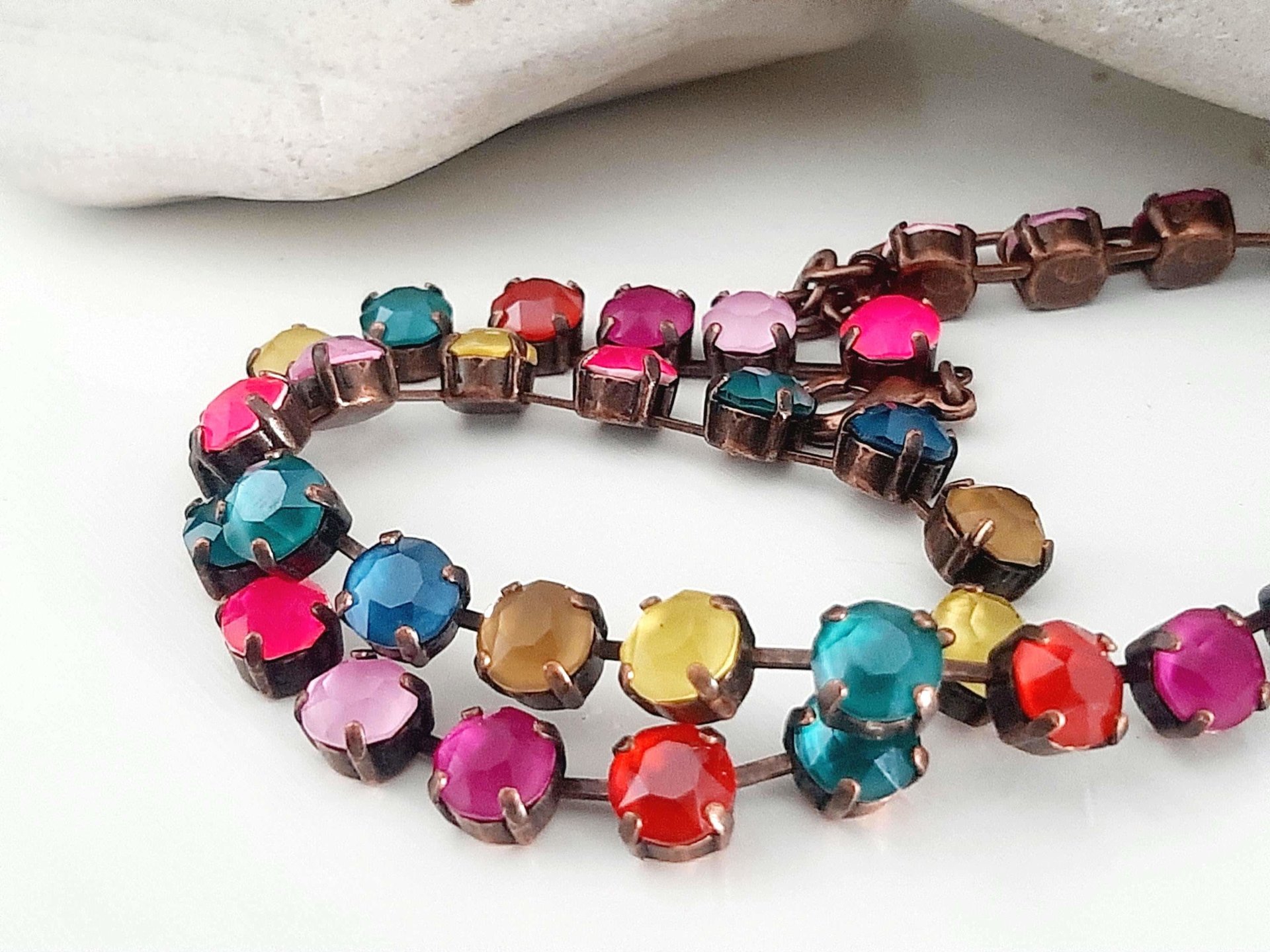 Multi-colored Rhinestone Tennis Necklace in Antique Copper Plated