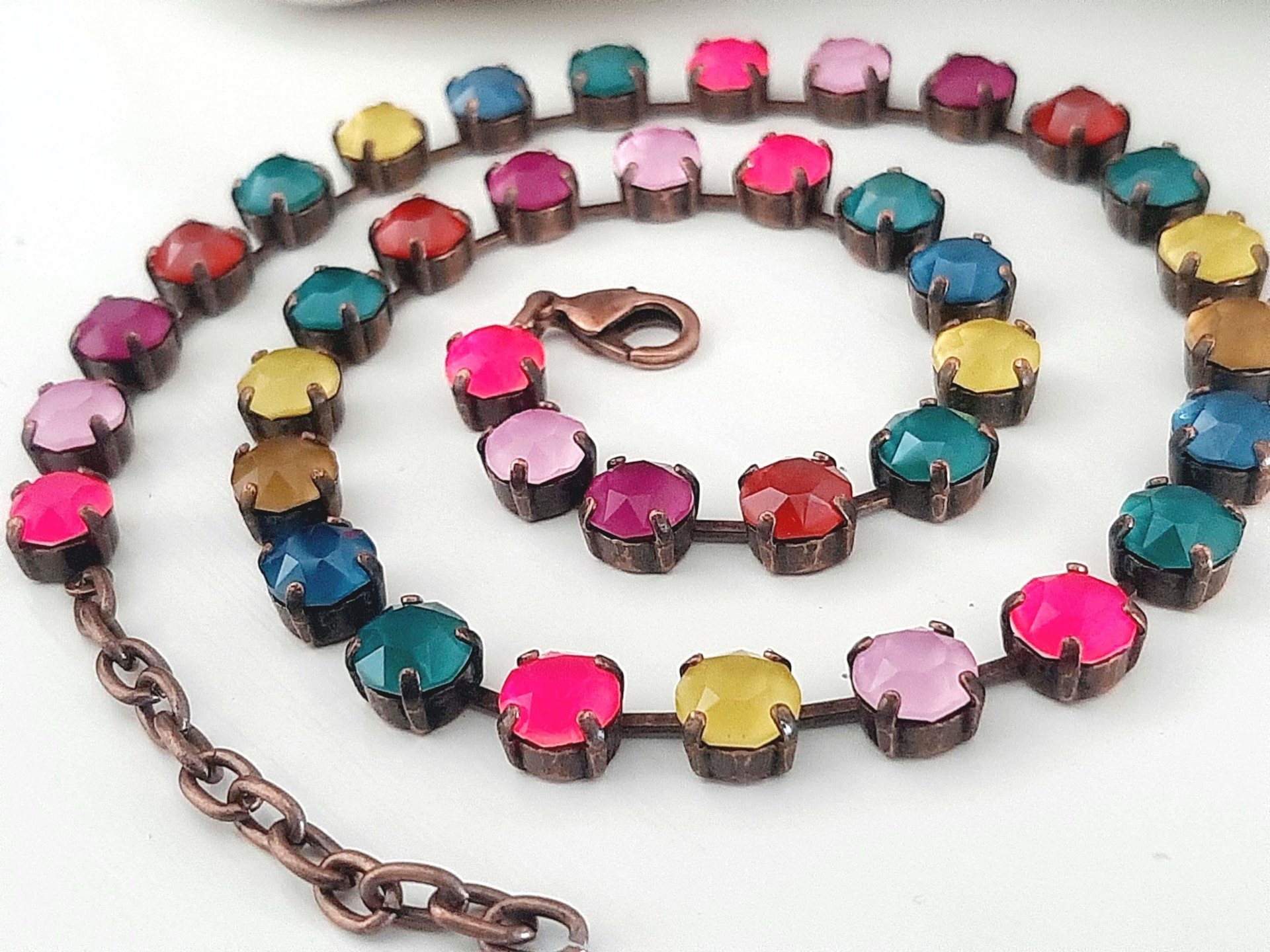 Multi-colored Rhinestone Tennis Necklace in Antique Copper Plated