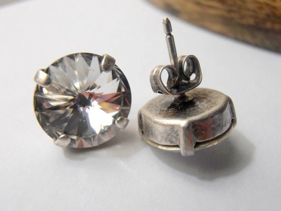 Swarovski Clear Crystal Stud Earrings | Antique Silver Bridal Jewelry