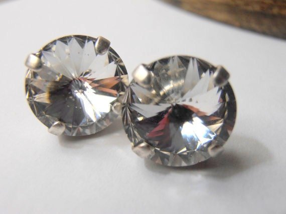 Swarovski Clear Crystal Stud Earrings | Antique Silver Bridal Jewelry