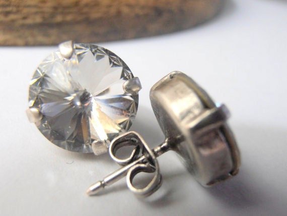 Swarovski Clear Crystal Stud Earrings | Antique Silver Bridal Jewelry