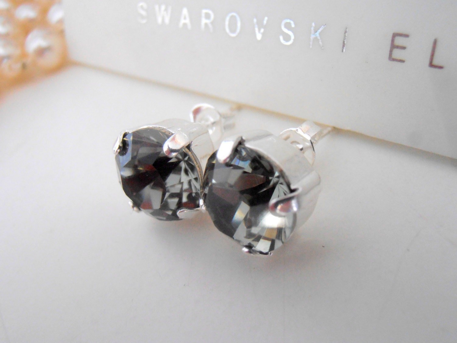 Black Diamond Crystal Stud Earrings 10mm, Gray Pierced Silver Post, Bridal Jewelry, Mom Birthday Gift