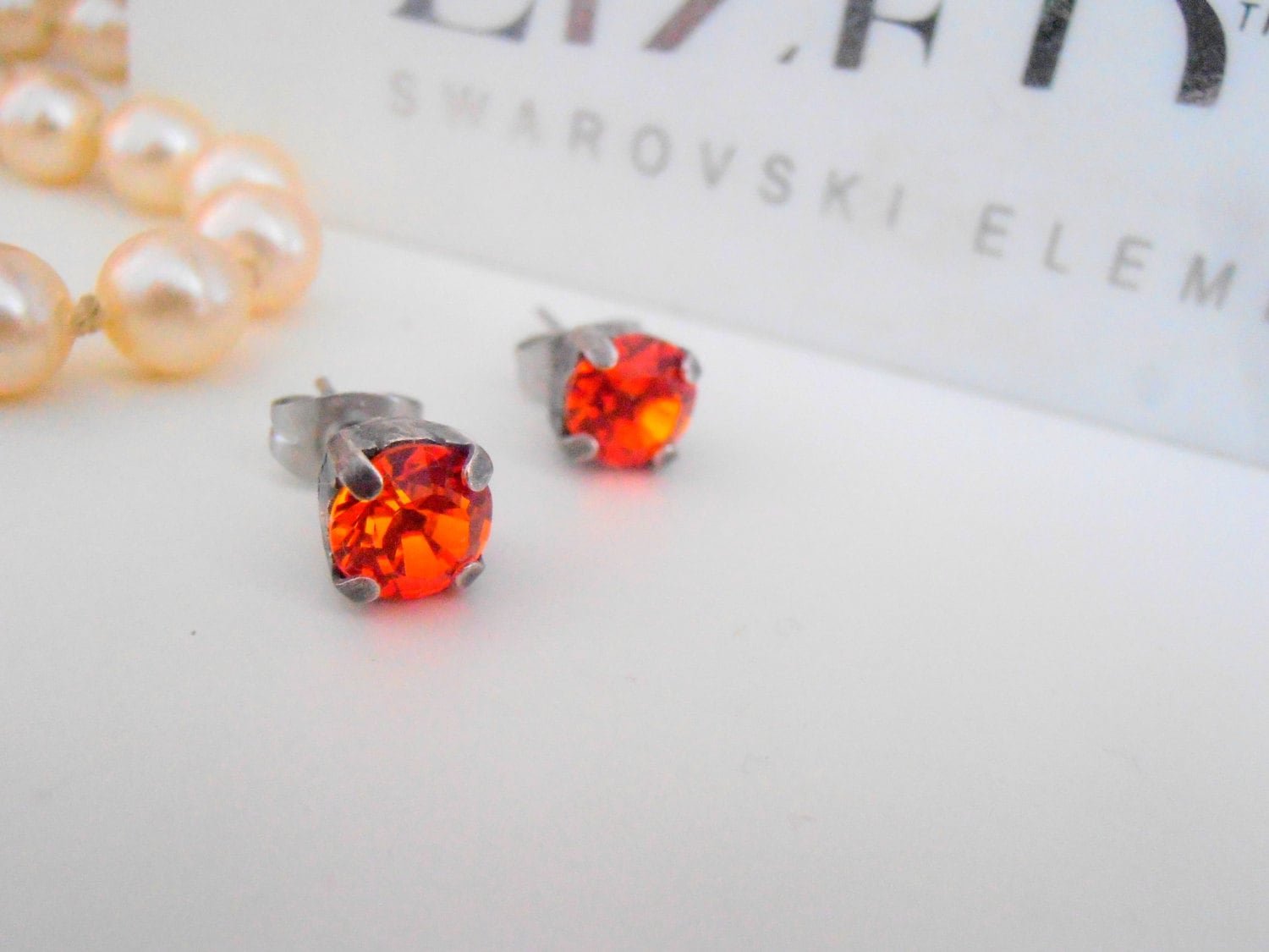 Fire Opal Stud earrings / Antique Jewelry / 6mm Crystal Chatons / Post Earring in Silver with Surgical Steel Pads / Girl Gift / 