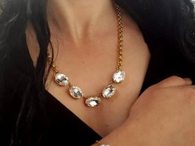 Oval Crystal Clear Gold Collet Necklace Anna Wintour Style