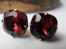 Burgundy square Crystal Earring Studs in a silver plated prong setting, Swarovski cushion cut crystals