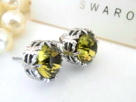 Khaki Green Crystal Earrings | Filigree Platinum Studs Birthday Gift 