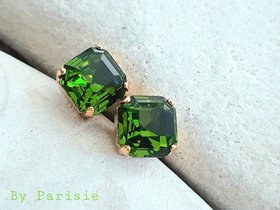 Olivine Imperial Cut Stud Earrings | Gold Square Crystal Earrings