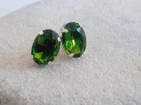 Olivine Oval Crystal Stud Earrings in Silver Plating | Olive Green Oval Studs