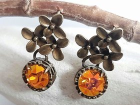 Bronze Floral Dangle Earrings | Astral Pink Crystals | Gift for Partner