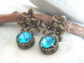 Blue Aquamarine Crystal Earrings | Vintage Wedding Earring Set in Bronze