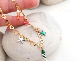 Gold Heart Chain Necklace with Charms | Enamel Fish and StarsGold Stainless steel