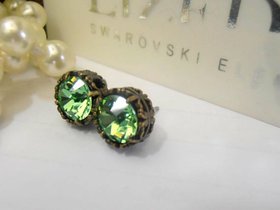 Peridot swarovski crystal earrings in antique bronze filigree setting 10mm