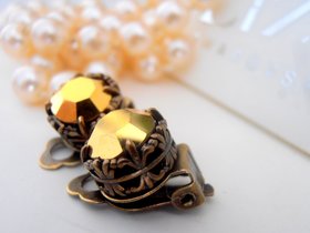 Metallic Gold Clip On Earrings | Non Pierced Studs for girls | Art Deco Antique Bronze Post 