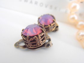 Cyclamen Opal Clip On Earrings: Bronze Filigree, Art Deco Style