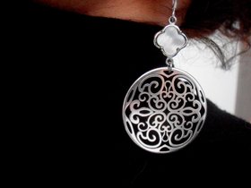 Sterling Silver Mother of Pearl Clover Earrings: Long Filigree Disc Dangle