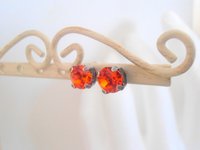 Fire Opal Stud earrings / Antique Jewelry / 6mm Crystal Chatons / Post Earring in Silver with Surgical Steel Pads / Girl Gift / 