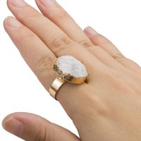 Crystal Gemstone Druzy Ring, Raw White Agate Stone Jewelry, Statement Adjustable Boho Ring, Mineral Oval 16mm Gold, Boho