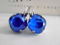Royal Blue Cushion Cut Earrings with Crystals 4470 / 12mm Lever back Square Dangle & Drop / Mother's Day Gift
