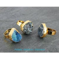 Turquoise Druzy Golden Ring, Agate Gemstone, Statement Boho Adjustable Ring, Mineral Gem 20mm, Gifts for Girls