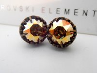 Metallic Gold Bronze Stud Earrings / Crystal Post Earrings / Art Deco Jewelry / Surgical Steel Pad / Bronze