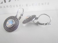 White Opal Dangle Disc Earrings in Antique Silver Statement Disc Earrings