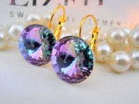 BIG Light Vitrail Dangle Earrings / Rivoli Crystal Drop Earrings / 14mm Crystals / Leverback Gold Glue on Earrings / Wedding