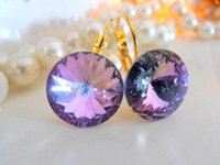 BIG Light Vitrail Dangle Earrings / Rivoli Crystal Drop Earrings / 14mm Crystals / Leverback Gold Glue on Earrings / Wedding