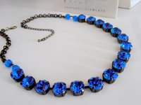 Blue Sapphire Rhinestone Necklace in Antique Bronze