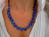 Blue Sapphire Rhinestone Necklace in Antique Bronze
