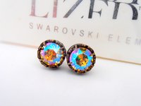 Light Topaz Shimmer Rhinestone Post Earrings / Antique Bronze Jewelry / Crystal Studs Pierced / Women Birthday Gift
