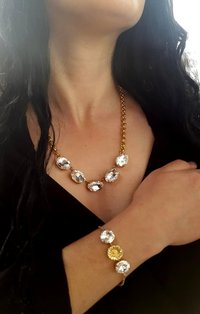 Oval Crystal Clear Gold Collet Necklace Anna Wintour Style