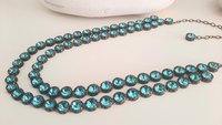 Aquamarine Crystal Double Strand Necklace in Bronze, Antique Jewelry, 30th Anniversary Gift, Georgian Filigree Long Necklace