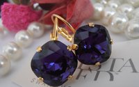 Purple Velvet Dangle Gold Earrings 4470, Square Cushion Cut Crystals 12mm, Bridal Gold Jewelry, Wedding Accessories  / Gift